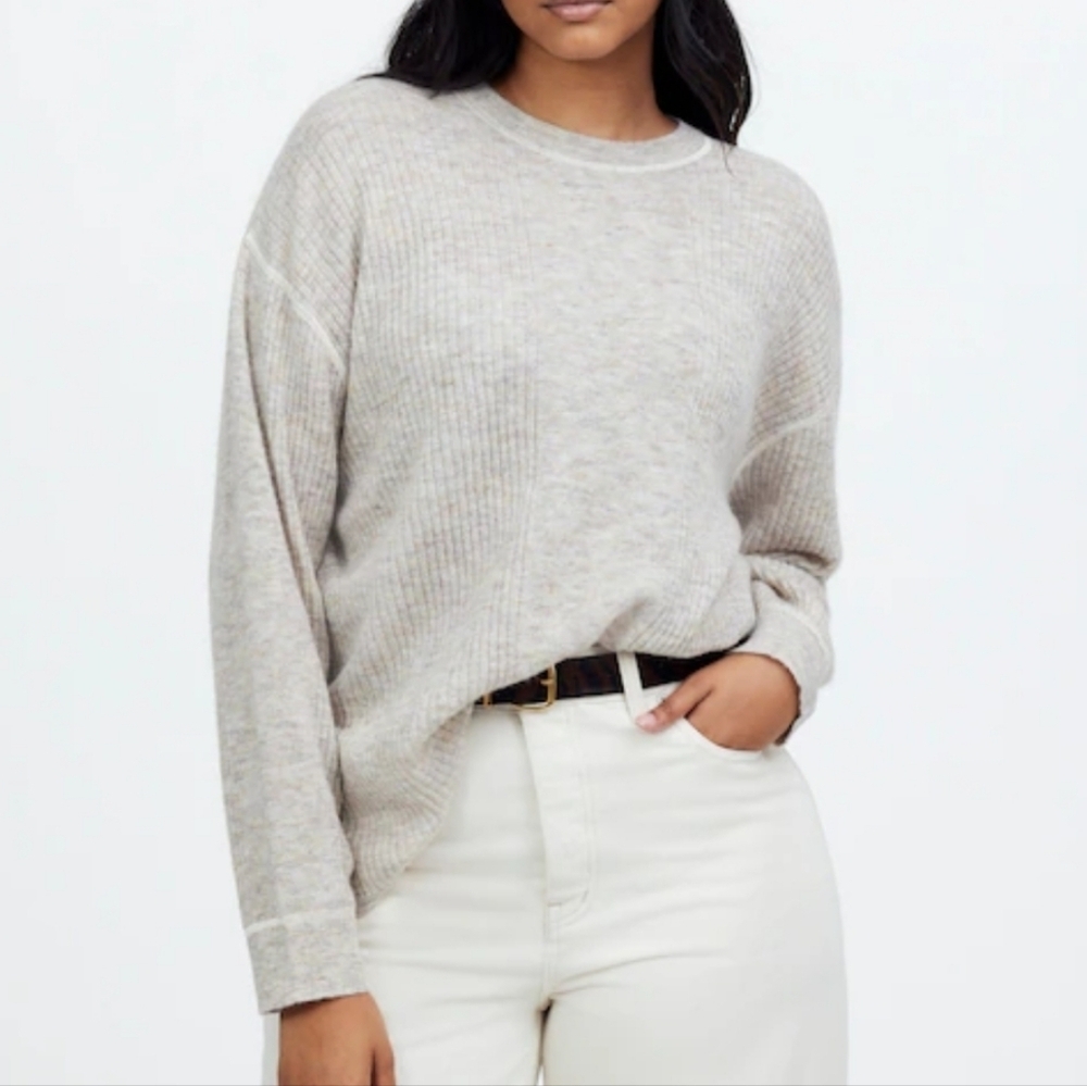 Madewell Alpaca Blend Beige Ribbed Crewneck Relaxed Fit Sweater Size Large